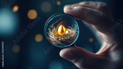 A hand holding a magnifying glass over a miniature golden egg nestled in a nest of coins, representing the importance of protecting and nurturing investments.