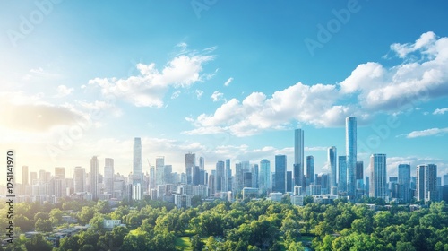 Sunny city skyline, green park, vibrant urban landscape, ideal for travel brochures