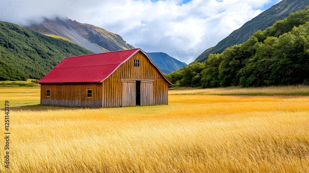 Rustic Barn in Golden Field, Mountain View - Rustic/Vintage Rustic Barn in Golden Field, Mountain View - Rustic/Vintage