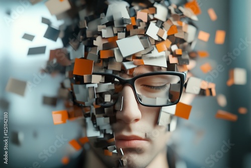 Creative representation of fragmentation and identity with a person surrounded by floating geometric shapes