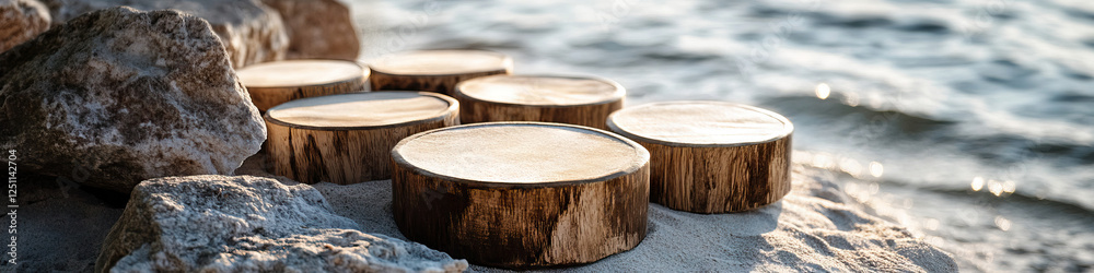 Fototapeta premium Wooden Stumps on Sandy Beach near Water