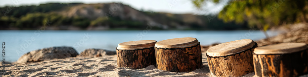 Fototapeta premium Four Wooden Drums on Sandy Lakeshore