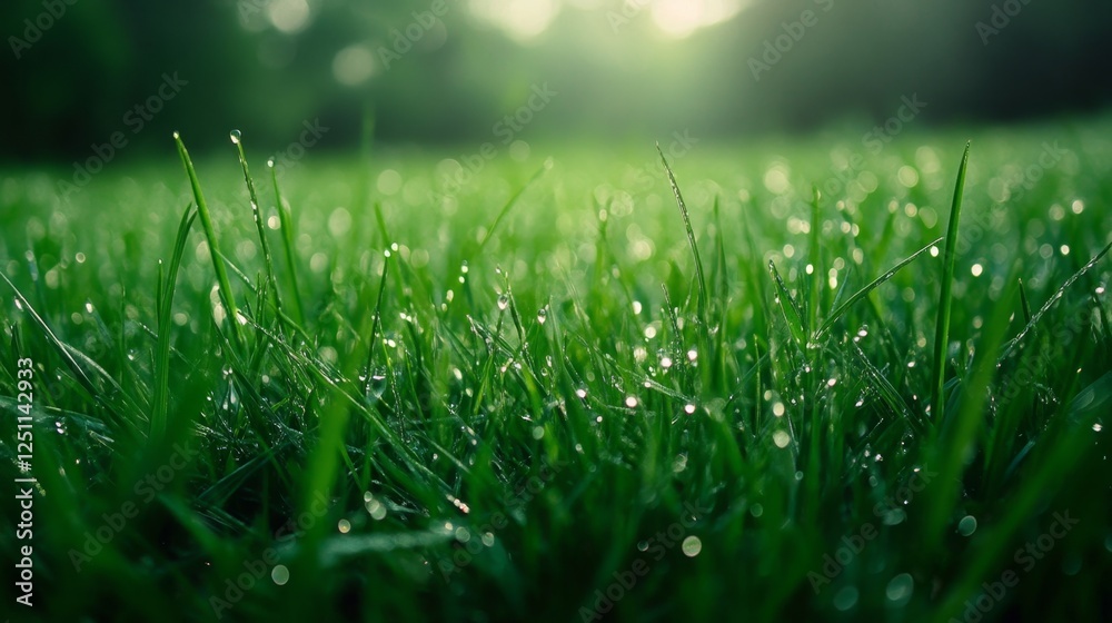Obraz premium Capturing the tranquility of dewy green grass blades in nature's embrace