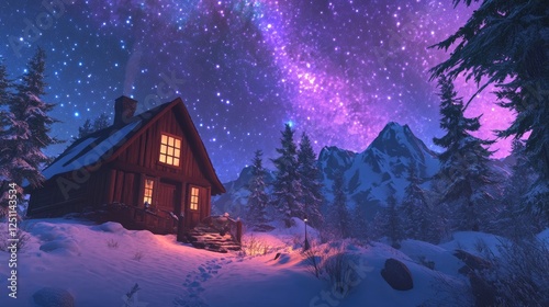 A charming cabin glowing warmly in the snowy mountains, with a dazzling starry sky illuminating the scene