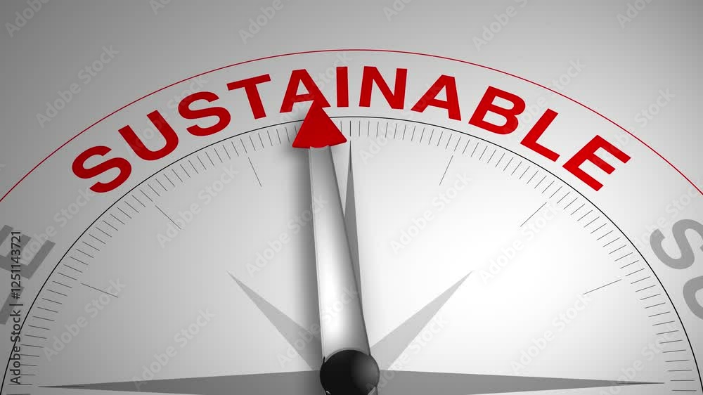 Sustainable text or word with a gauge arrow on a compass, representing guidance and direction on a clean white background. Ideal for business, coaching, consulting, and concept Sustainable text or word with a gauge arrow on a compass, representing guidance and direction on a clean white background. Ideal for business, coaching, consulting, and concept