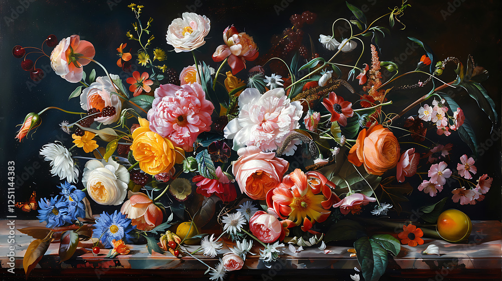 Naklejka premium A detailed oil painting of an overflowing bouquet