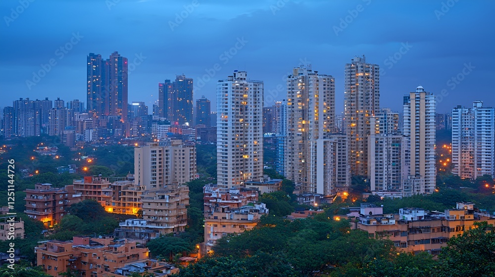 Fototapeta premium City skyline twilight view, buildings illuminated, cityscape, urban development, night