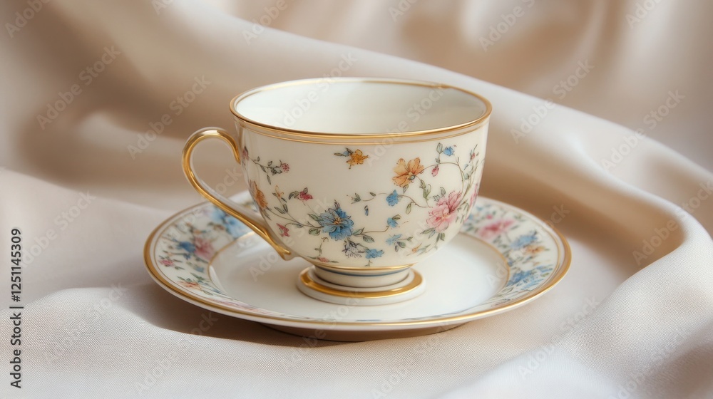 Elegant Teacup and Saucer with Floral Design on a Soft Fabric Background Elegant Teacup and Saucer with Floral Design on a Soft Fabric Background