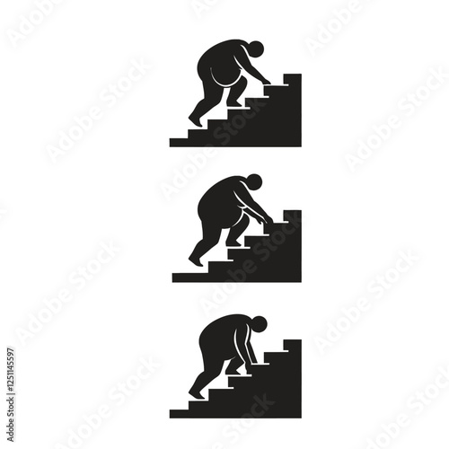 A person struggling climbing stairs, black and white graphic, simple shapes, pictogram style, directional symbols, upward movement, physical effort illustration, silhouette obesity