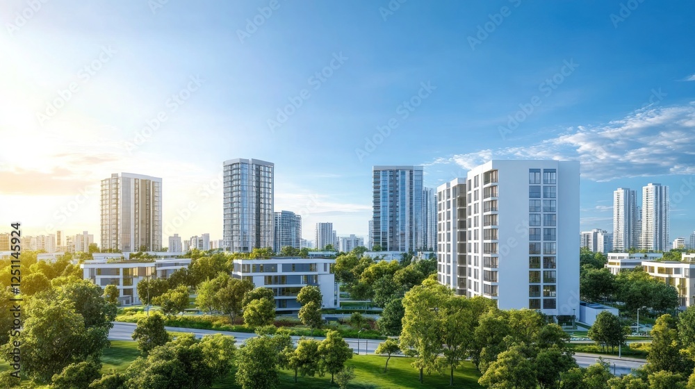 Modern city skyline sunrise, green spaces, sustainable urban design, real estate brochure Modern city skyline sunrise, green spaces, sustainable urban design, real estate brochure