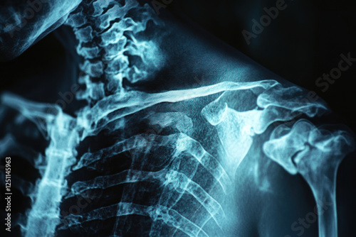 Man's shoulder x-ray: fractured collarbone, highlighted in white, surrounded by bones and tissues. Clear view showing extent of injury.
