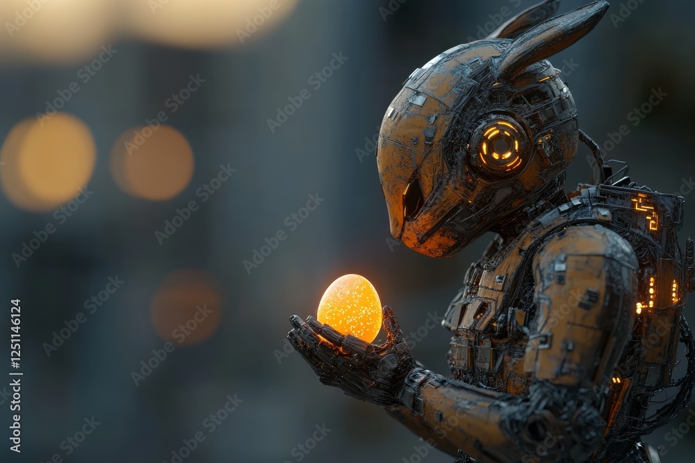Robot with rabbit-like features holds glowing egg in a futuristic setting during twilight Robot with rabbit-like features holds glowing egg in a futuristic setting during twilight