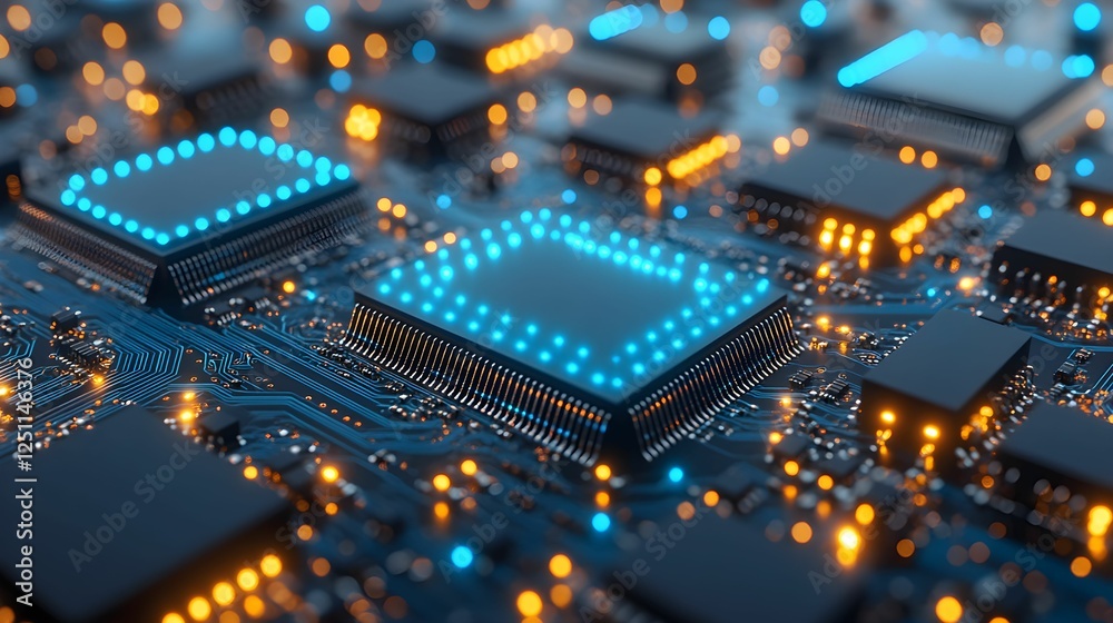 makrofotografia, technologia, mikroczip, obwód drukowany, high-tech, elektronika, nowoczesność, schemat elektroniczny, AI, cyberbezpieczeństwo, komputer, sztuczna inteligencja, dane, mikroprocesor, in