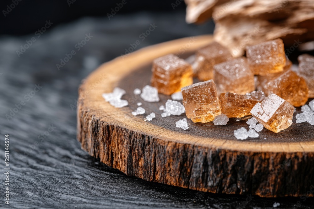Sweet brown sugar cubes arranged on a rustic wooden plate with scattered sea salt crystals Sweet brown sugar cubes arranged on a rustic wooden plate with scattered sea salt crystals