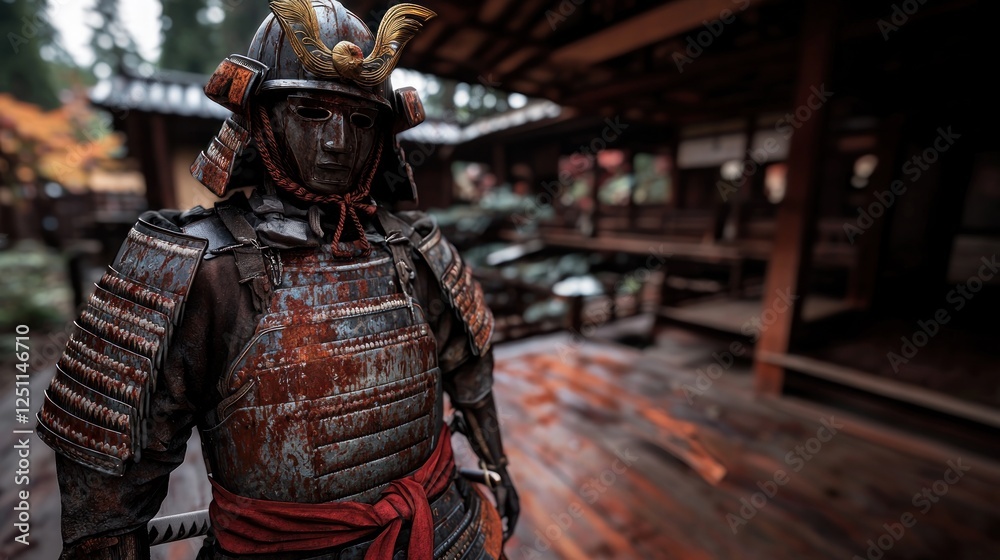 Rusty samurai armor displayed in a serene Japanese garden with wooden architecture in background Rusty samurai armor displayed in a serene Japanese garden with wooden architecture in background