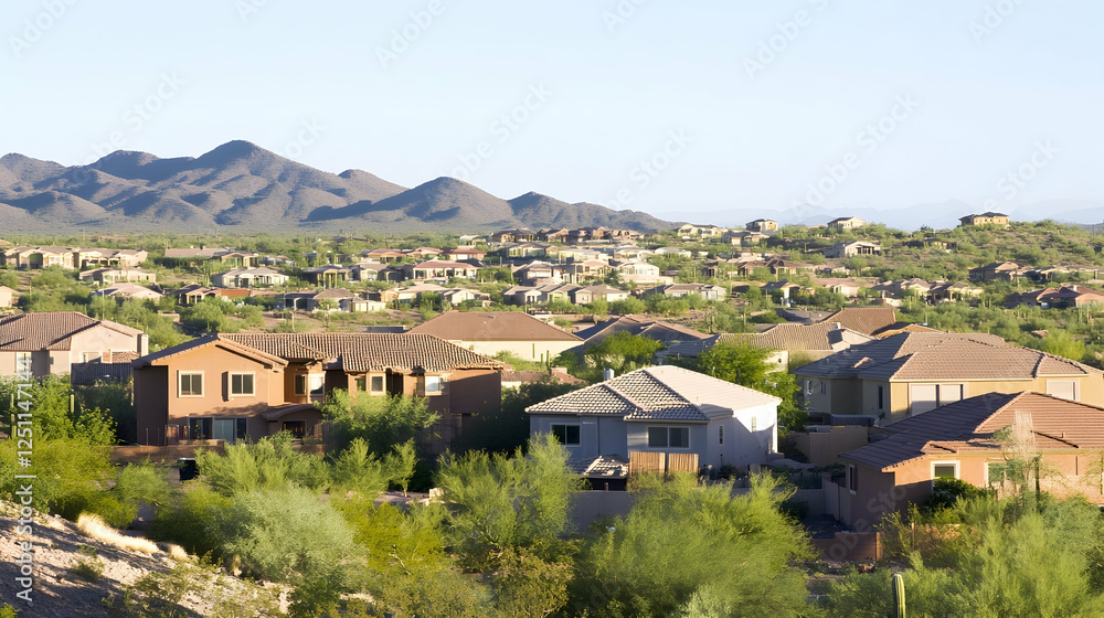 Suburban houses nestled in desert hills offer a serene lifestyle, illustrating community and nature's balance, suitable for real estate marketing Suburban houses nestled in desert hills offer a serene lifestyle, illustrating community and nature's balance, suitable for real estate marketing