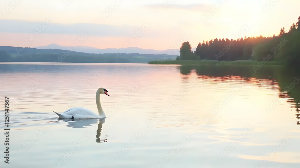 Swan swims on tranquil lake at dawn. Forest, mountains, and reflection create peaceful scene, ideal for nature or serenity concepts Swan swims on tranquil lake at dawn. Forest, mountains, and reflection create peaceful scene, ideal for nature or serenity concepts