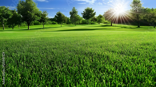Sunny meadow landscape showing grass, trees, blue sky and the sun, suitable for website backgrounds and nature-themed advertisements