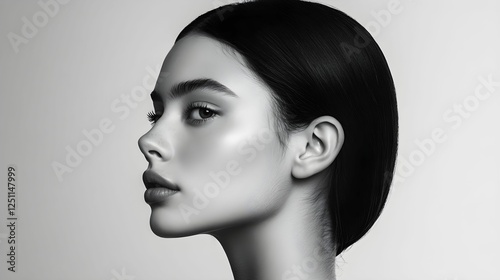 Obraz na płótnie minimalist portrait, side profile, high-quality photography, calm expression, simple lines, soft lighting, clean composition, emotional depth, modern elegance, understated beauty, smooth skin, solid c w salonie