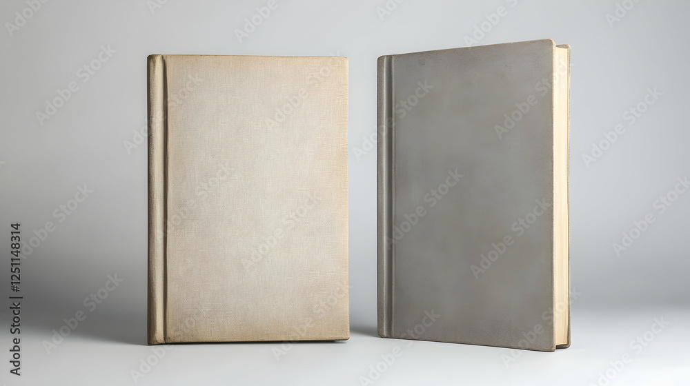 Two closed books standing upright on a white surface for educational content and reading-related projects Two closed books standing upright on a white surface for educational content and reading-related projects
