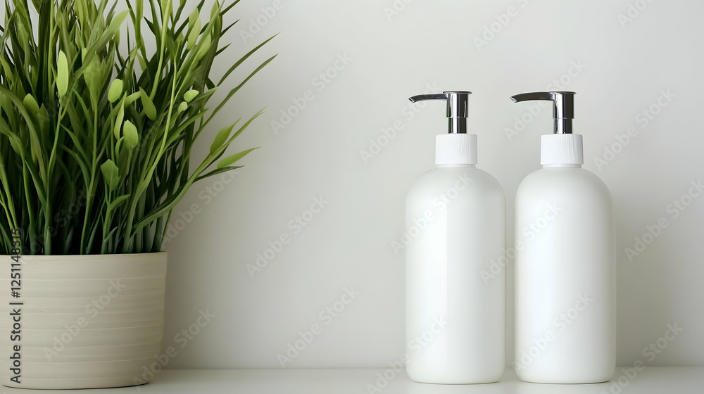 Two dispenser bottles sit near a plant against a white wall. Background is clear. For health, cosmetics, or home use Two dispenser bottles sit near a plant against a white wall. Background is clear. For health, cosmetics, or home use