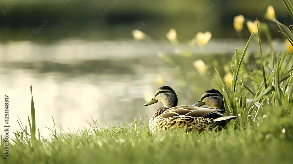 Two ducks resting near the water among wildflowers in the meadow; scenic view, environmental awareness Two ducks resting near the water among wildflowers in the meadow; scenic view, environmental awareness