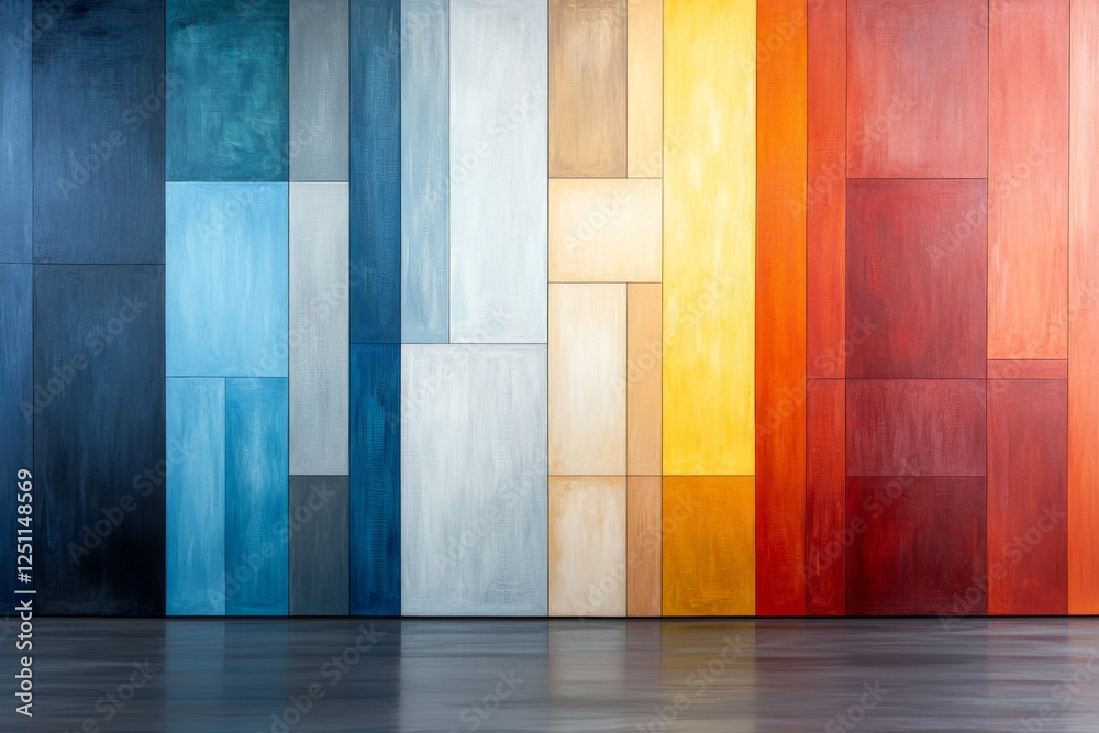 Colorful abstract wall art enhances the atmosphere of a modern interior space in a gallery or studio setting Colorful abstract wall art enhances the atmosphere of a modern interior space in a gallery or studio setting