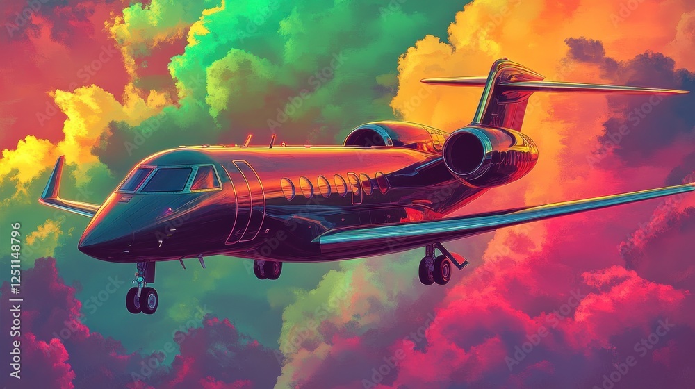 Private Jet Soaring Through Vibrant Colorful Clouds Private Jet Soaring Through Vibrant Colorful Clouds
