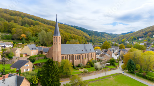 Village church amidst vibrant autumn trees, set in a valley. Rural scene ideal for travel brochures or historical content