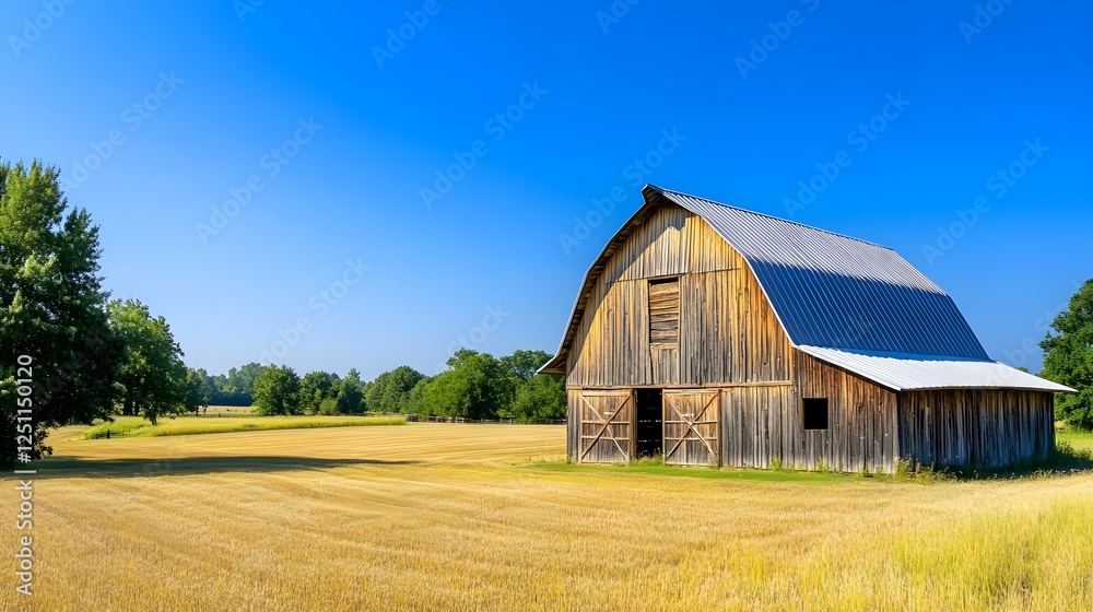 Rustic Barn in Golden Wheat Field, Sunny Day - Rustic charm Rustic Barn in Golden Wheat Field, Sunny Day - Rustic charm