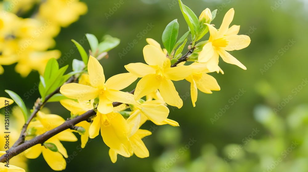 Yellow Forsythia flowers blooming, branches with green leaves, in the garden. Use for spring, Easter designs, and gardening themes Yellow Forsythia flowers blooming, branches with green leaves, in the garden. Use for spring, Easter designs, and gardening themes