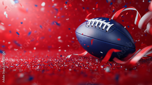 Blue American Football on Red Confetti Background with Celebration Ribbons