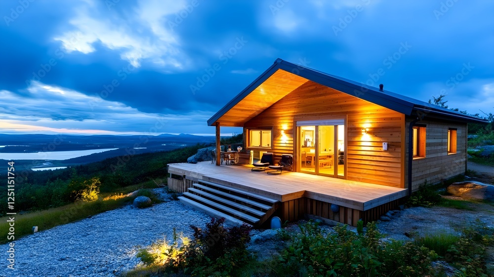 Modern Cabin, Night View, Mountain Lake - Sustainable architecture Modern Cabin, Night View, Mountain Lake - Sustainable architecture