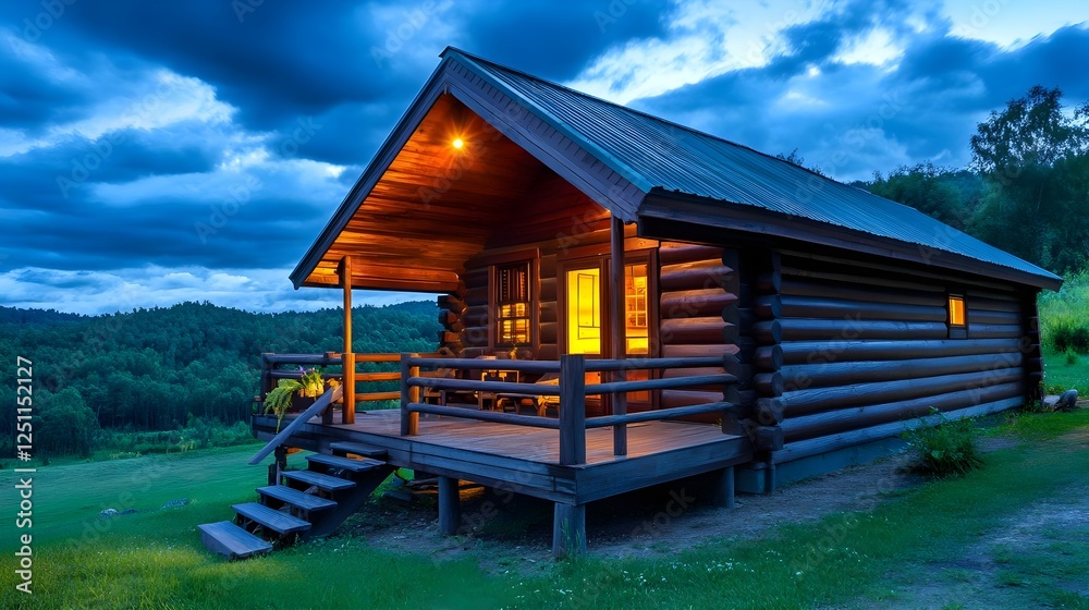 Cozy Log Cabin at Dusk, Mountain View - Cozy spaces Cozy Log Cabin at Dusk, Mountain View - Cozy spaces
