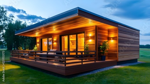 Modern Wooden Cabin at Dusk, Cozy Retreat - Sustainable design