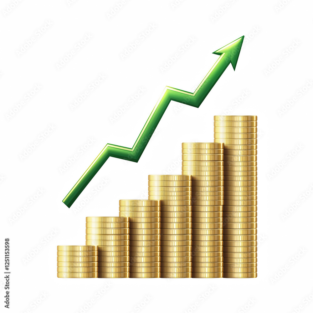 Stacks of golden coins with a rising green arrow symbolizing financial growth and investment success, isolated on transparent background. Generative Ai. Stacks of golden coins with a rising green arrow symbolizing financial growth and investment success, isolated on transparent background. Generative Ai.