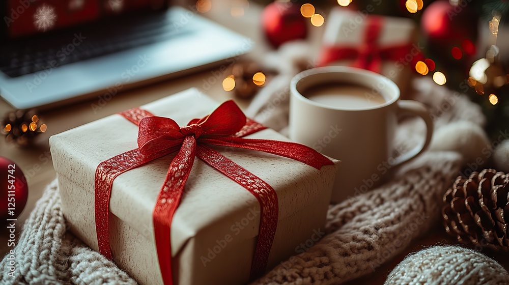 Cozy holiday scene showcasing a beautifully wrapped present with a red ribbon, a mug of coffee, and a laptop on a table surrounded by Christmas decorations. Cozy holiday scene showcasing a beautifully wrapped present with a red ribbon, a mug of coffee, and a laptop on a table surrounded by Christmas decorations.