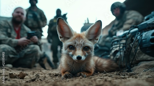 A charming fox lies in the desert sun while soldiers and equipment are visible in the background, highlighting the contrast of nature and human presence in the area. photo