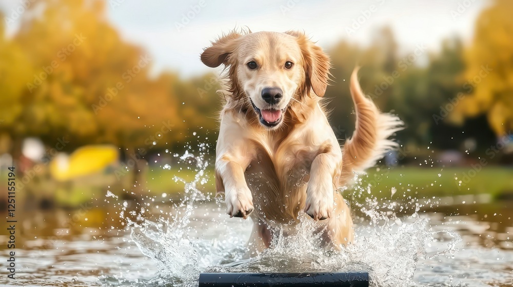 Dog breed retriever agility concept. A joyful golden retriever leaps from the water, splashing energetically, set against a backdrop of autumn trees. Dog breed retriever agility concept. A joyful golden retriever leaps from the water, splashing energetically, set against a backdrop of autumn trees.