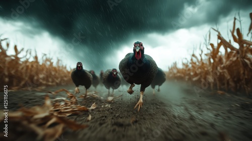 A dynamic scene captures turkeys sprinting through a cornfield, set against dramatic stormy skies, emphasizing their natural instinct and urgency in the wild.