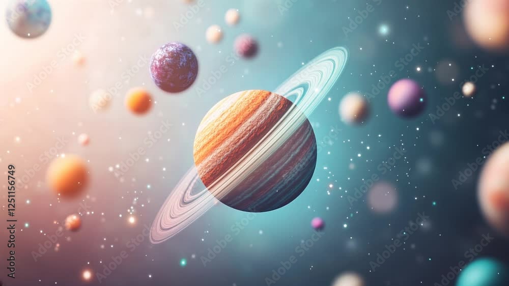 Colorful Cosmic Scene Vivid Journey Through Universe Featuring Saturn and Celestial Bodies in Space