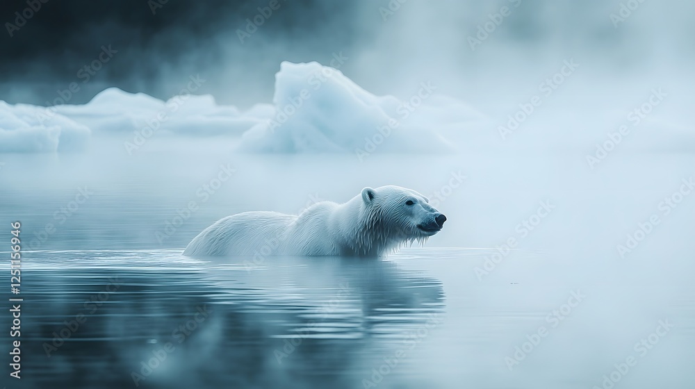 Naklejka premium Majestic polar bear swims through arctic waters with misty icebergs behind, creating ethereal blue-white scene with crystal reflections and dramatic fog in National Geographic style.