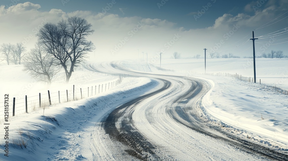 Winter storms blizzard landscape concept, Winding road through a snowy landscape with trees and power lines under a cloudy sky. Winter storms blizzard landscape concept, Winding road through a snowy landscape with trees and power lines under a cloudy sky.