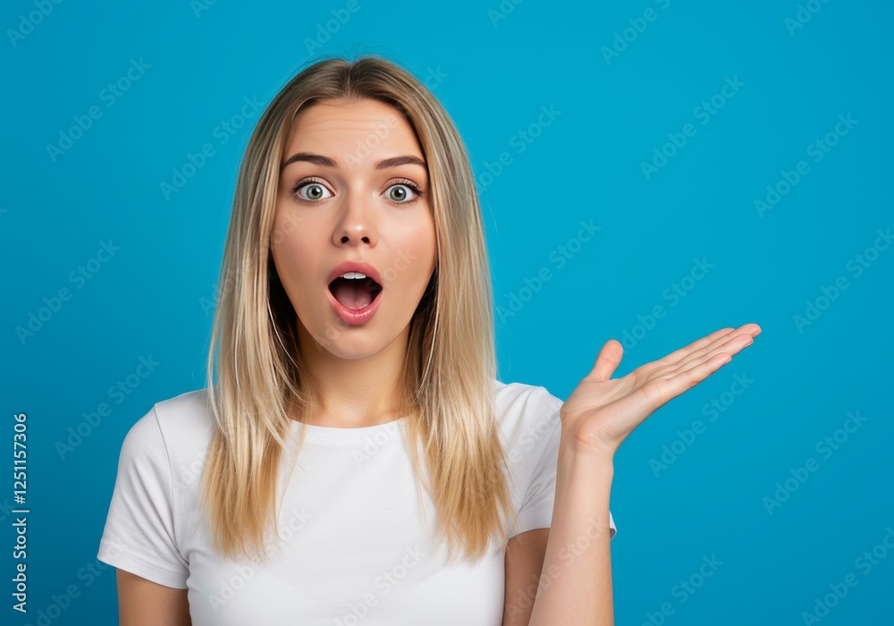 Surprised young woman with mouth open and hand raised, suitable for emotion concepts, reaction memes, shock expression illustrations, surprise designs. Surprised young woman with mouth open and hand raised, suitable for emotion concepts, reaction memes, shock expression illustrations, surprise designs.