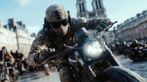 A soldier on a motorcycle speeds through a historical urban setting, embodying freedom and adventure while navigating the complexities of modern warfare.