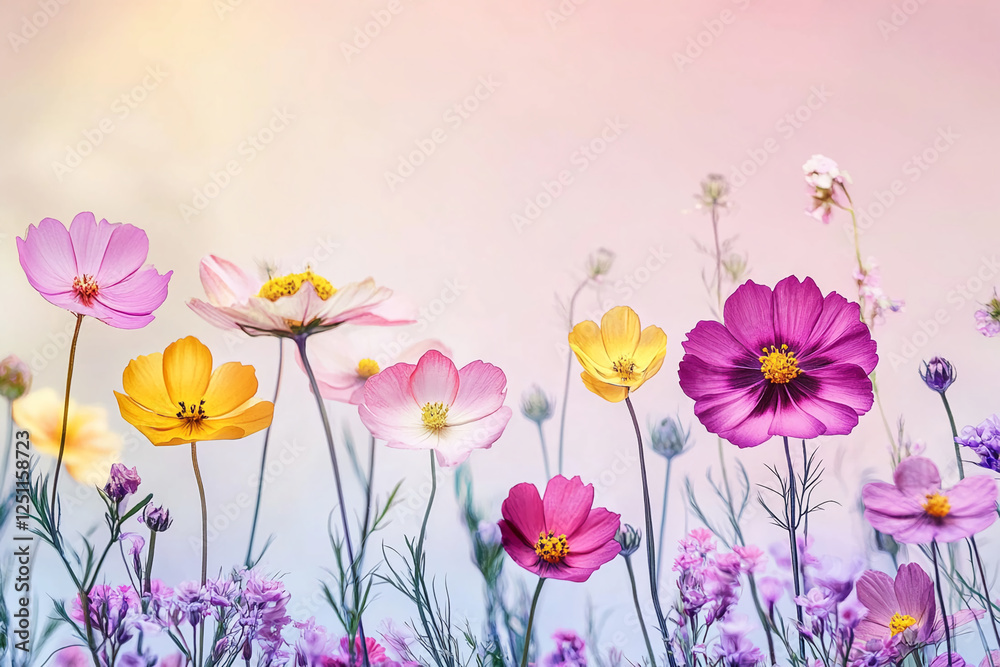 A variety of colorful cosmos flowers in full bloom, showcasing vibrant pink, yellow, and purple petals, symbolizing beauty, freshness, and the vibrancy of nature. A variety of colorful cosmos flowers in full bloom, showcasing vibrant pink, yellow, and purple petals, symbolizing beauty, freshness, and the vibrancy of nature.