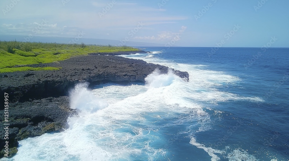 Fototapeta premium Chaotic ocean waves crashing against rocky shoreline, showcasing frothy white caps and deep blue tones, evoking raw natural energy and beauty.