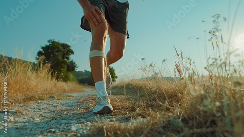 A runner stopping mid-exercise, clutching their knee, indicating a sports injury.