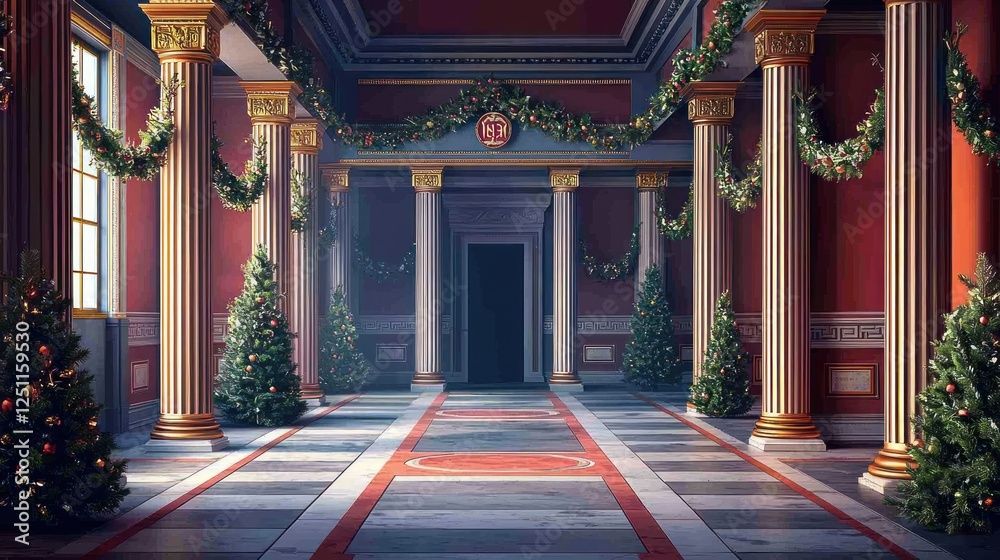 Festive Hallway with Christmas Trees and Elegant Decor Festive Hallway with Christmas Trees and Elegant Decor