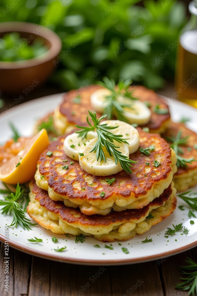 Savory potato pancakes with lemon and herbs garnished with fresh rosemary on a rustic plate, Placki ziemniaczane Savory potato pancakes with lemon and herbs garnished with fresh rosemary on a rustic plate, Placki ziemniaczane
